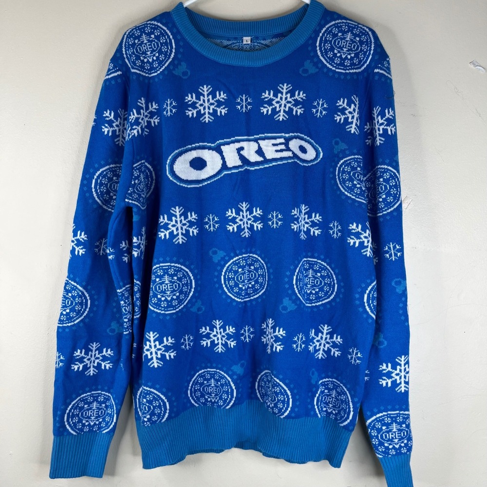 Oreo Sweater Mens Large Blue Knit Snowflake Cookie Holiday Ugly Christmas Party